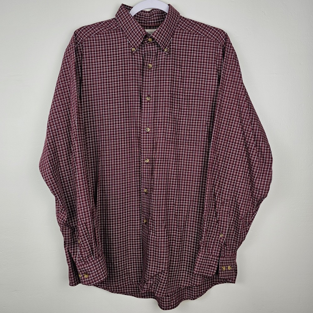 LL Bean Button Down Men M Maroon Plaid Long Sleeve Shirt Cotton Casual 0M178